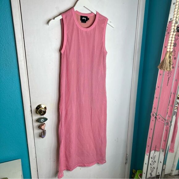 Stussy Logo Mesh Pink Rose Dress midi logo on back - Picture 1 of 7